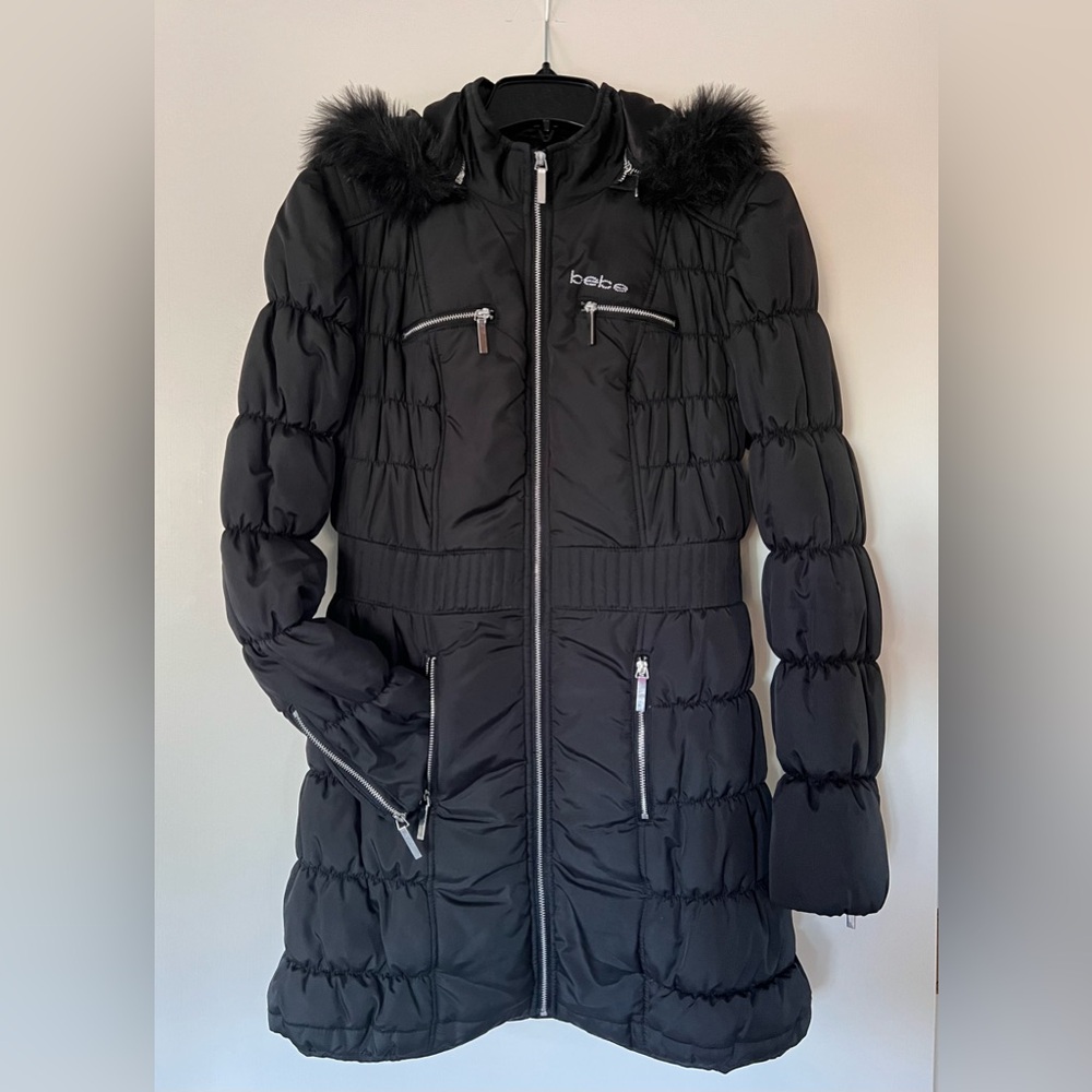 Bebe Black Puffer Jacket with Faux Fur Hood - XS